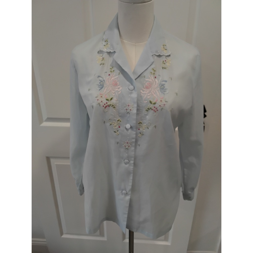 Vintage Sheer Embroidered Blouse Women's Light Blue Button Front Floral